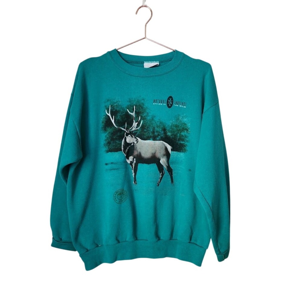 VELVA SHEEN 90s Elk Wildlife Sweatshirt USA Made Gorpcore Teal L